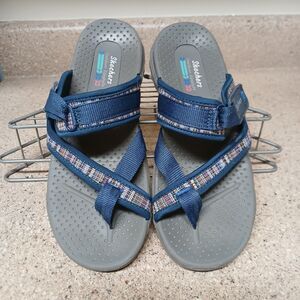 Skechers Reggae Women's Sz 7 Slip On Sandals Navy Adjustable Strap Thong